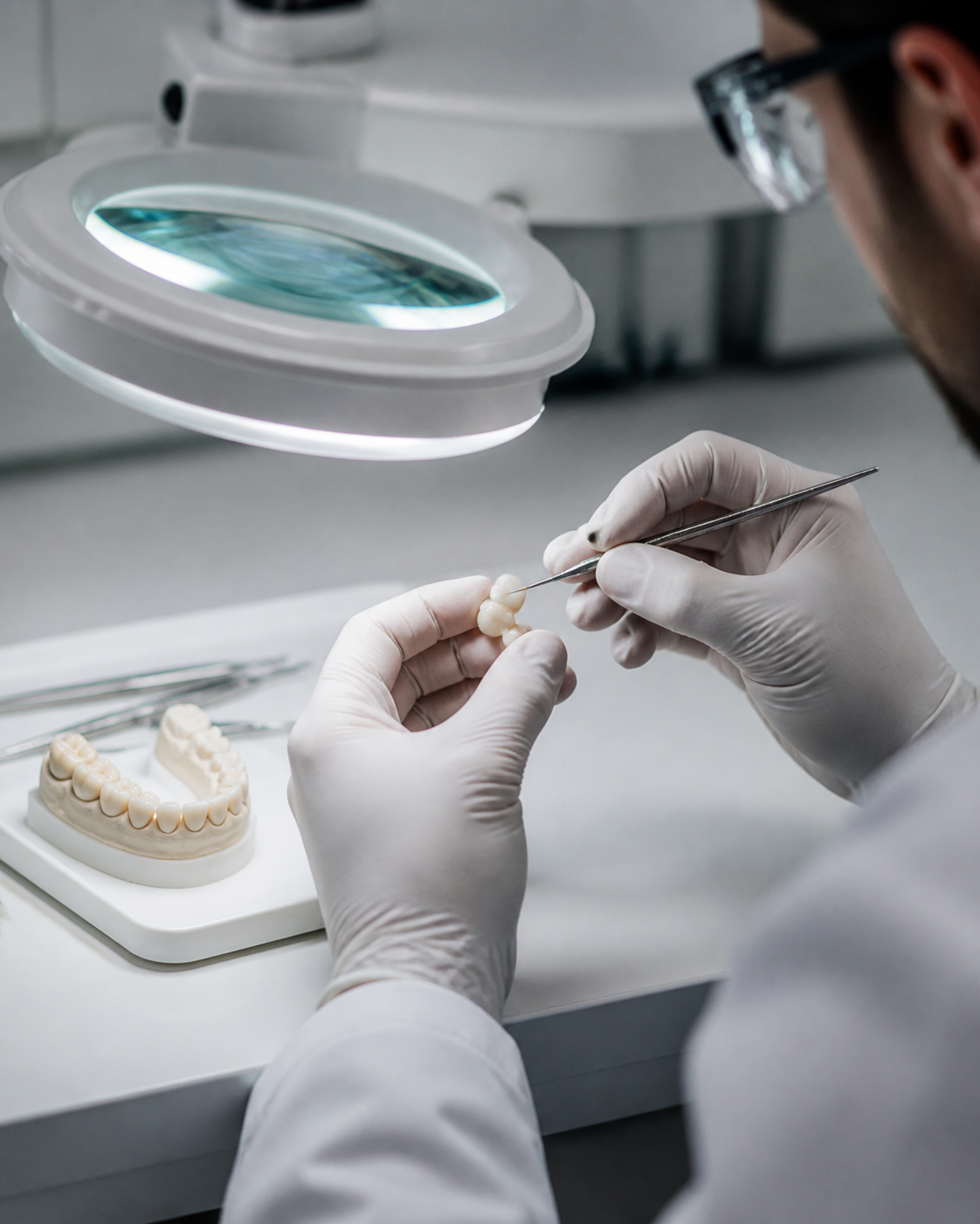Técnico de laboratorio manipulando cuidadosamente una restauración dental cerámica